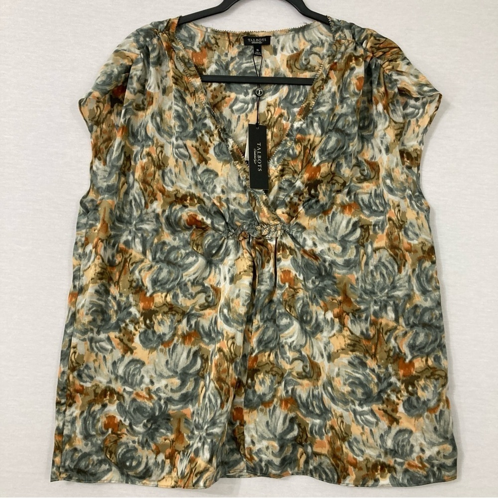 New Talbots Multi Color Abstract V Neck Ruched Shoulder‎ Detail Top Size 16